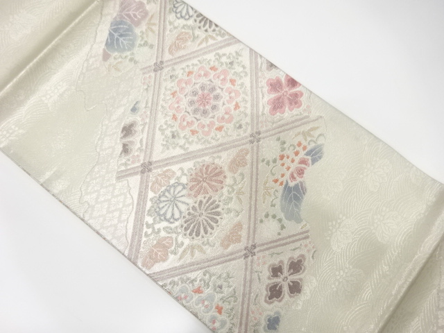 斜め格子に華紋・菊・桐模様織り出し　袋帯